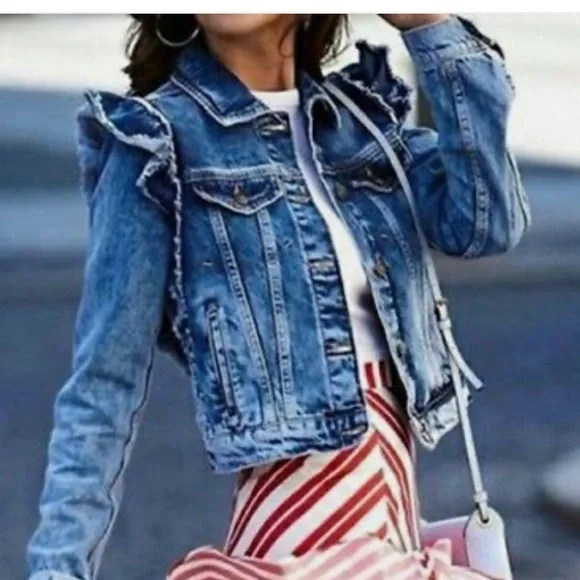 Zara Denim Ruffle Jean Jacket - Picture 2 of 14